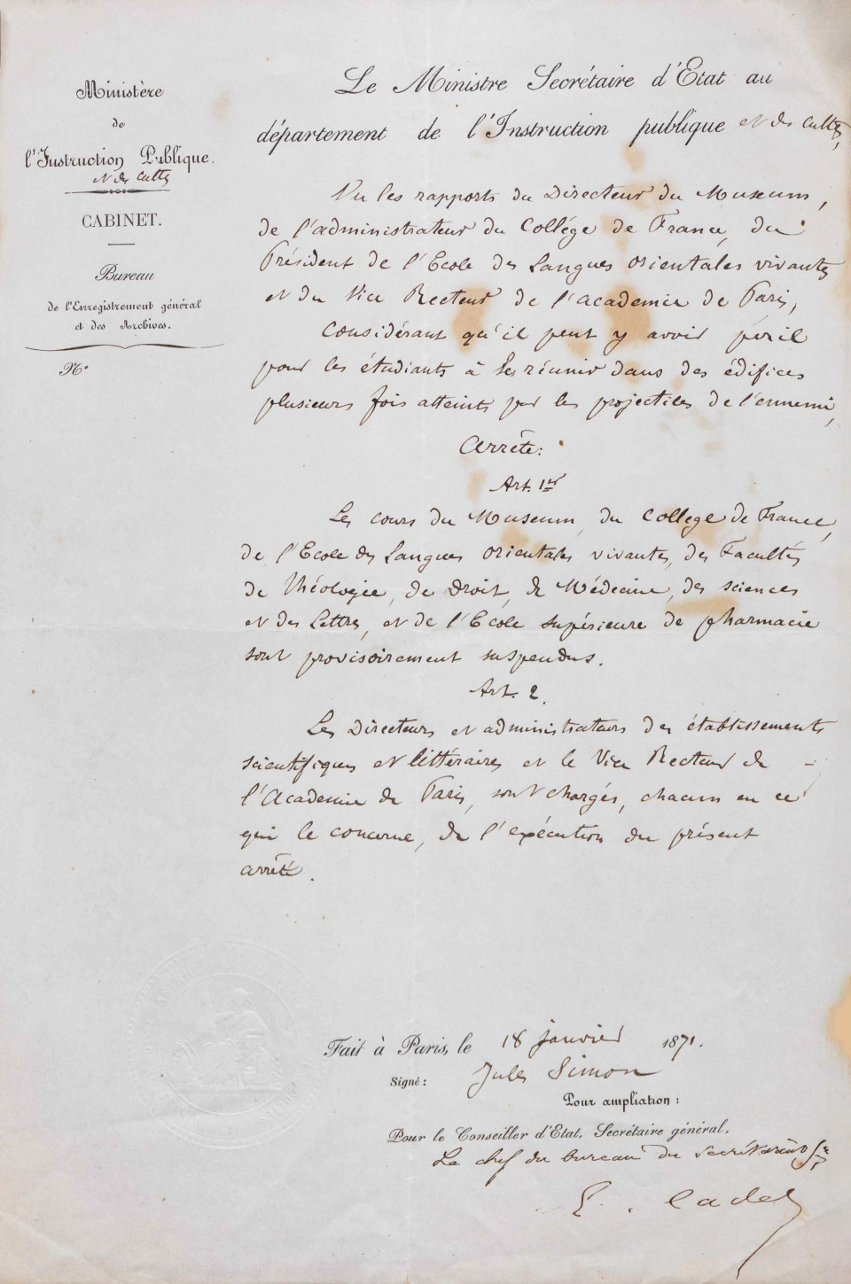 Arrêté du ministère de l’Instruction publique du 18 janvier 1871, 62/AJ/1, Archives nationales de Pierrefitte.